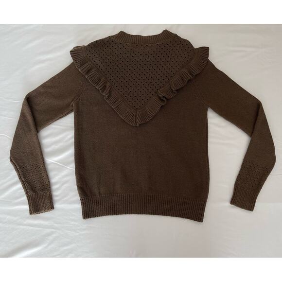 Aritzia Wilfred Chaume Brown Ruffle Yoke Swiss Dot Mock Neck Sweater Size Small - Picture 4 of 15
